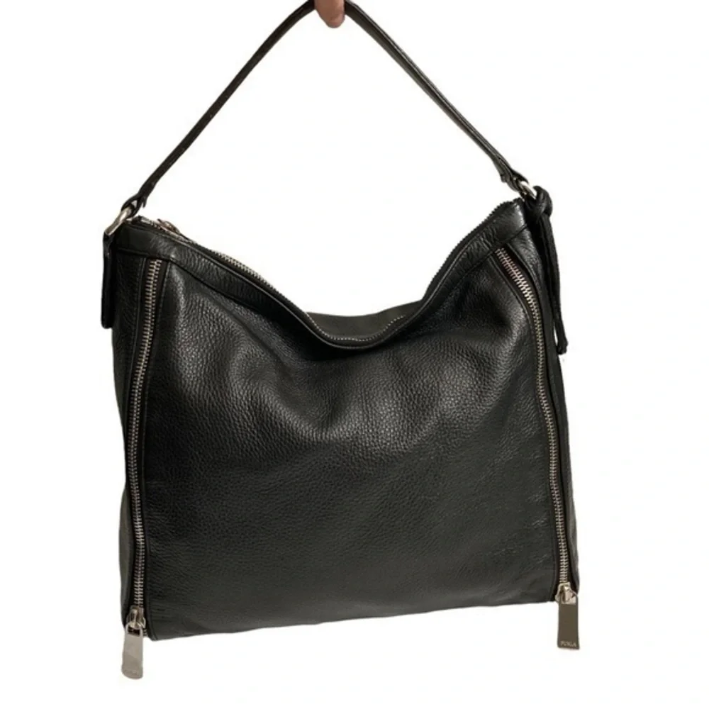 Furla black soft pebbled leather hobo bag